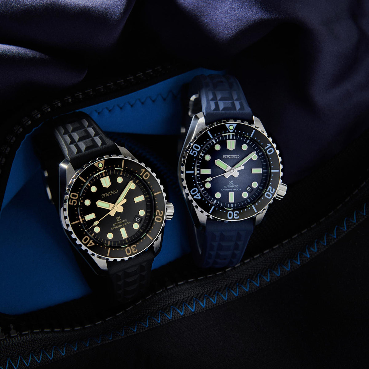 Men's Seiko Prospex dive watch set, blue dials with green accents, blue straps