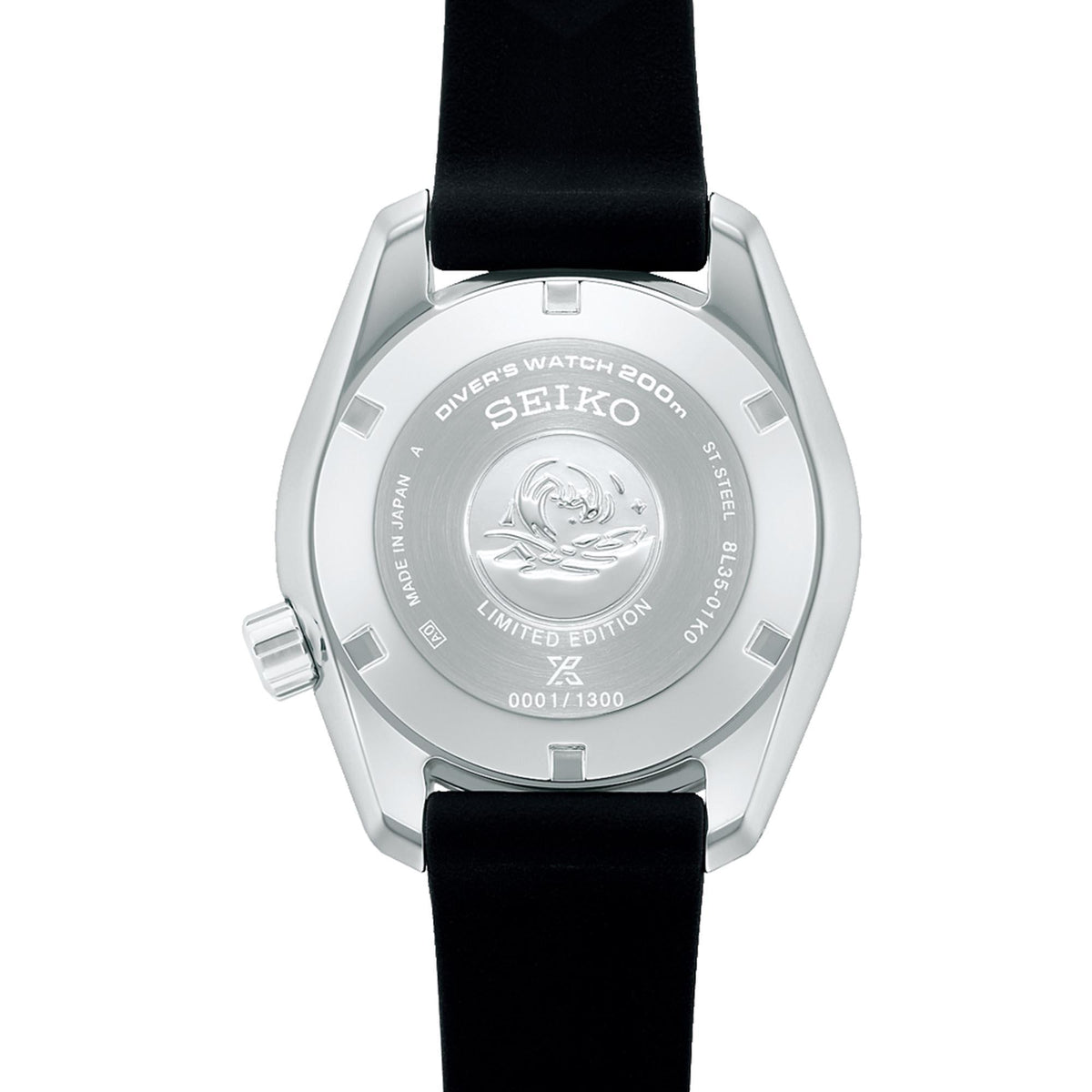 Men's Seiko Prospex watch case back, stainless steel with black strap