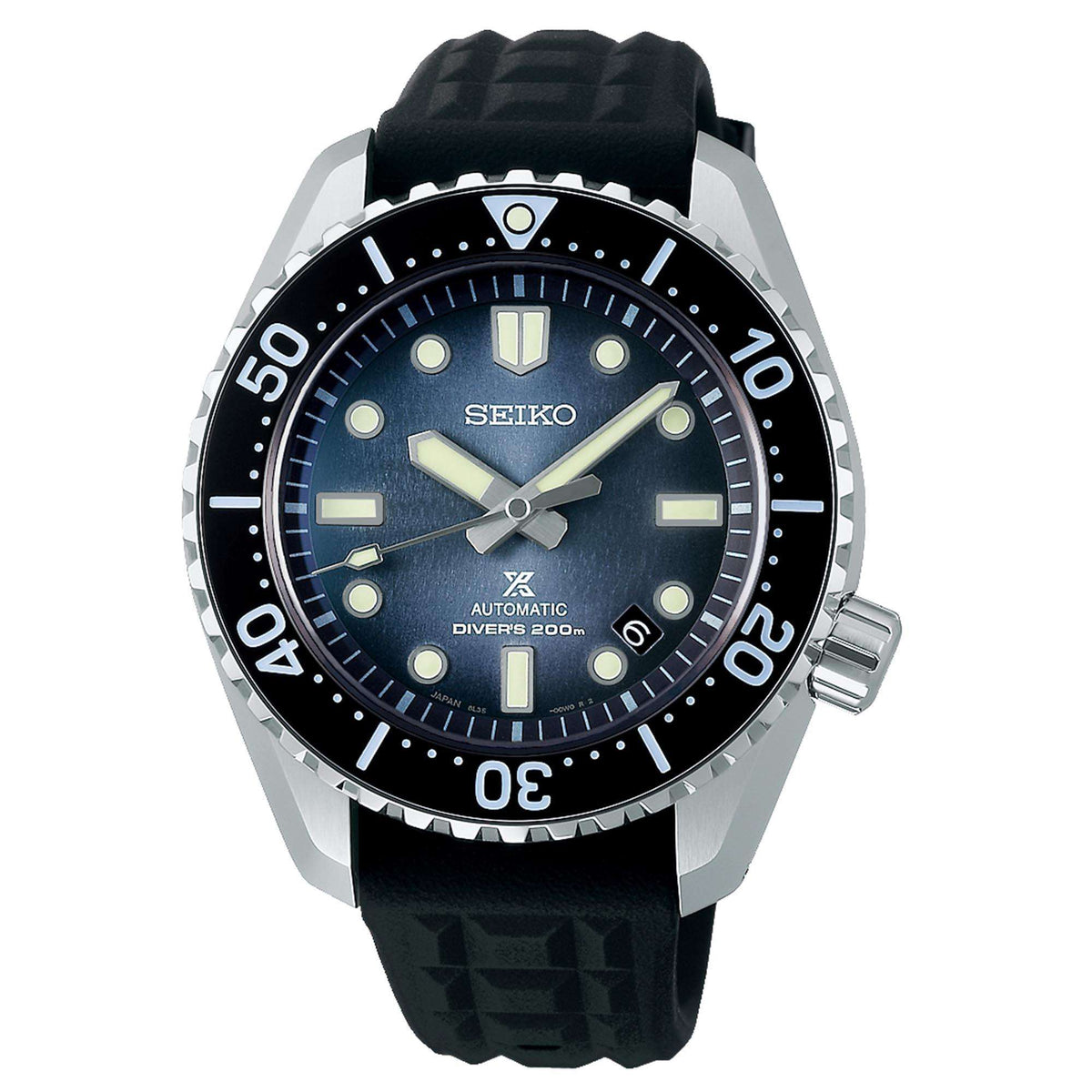 Men's Seiko dive watch with blue dial, black bezel, and black rubber strap