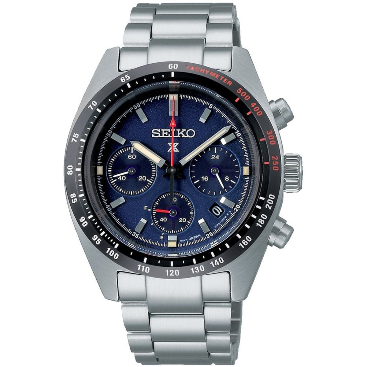 Seiko Prospex Speedtimer chronograph watch with blue dial and steel bracelet, SSC815P1