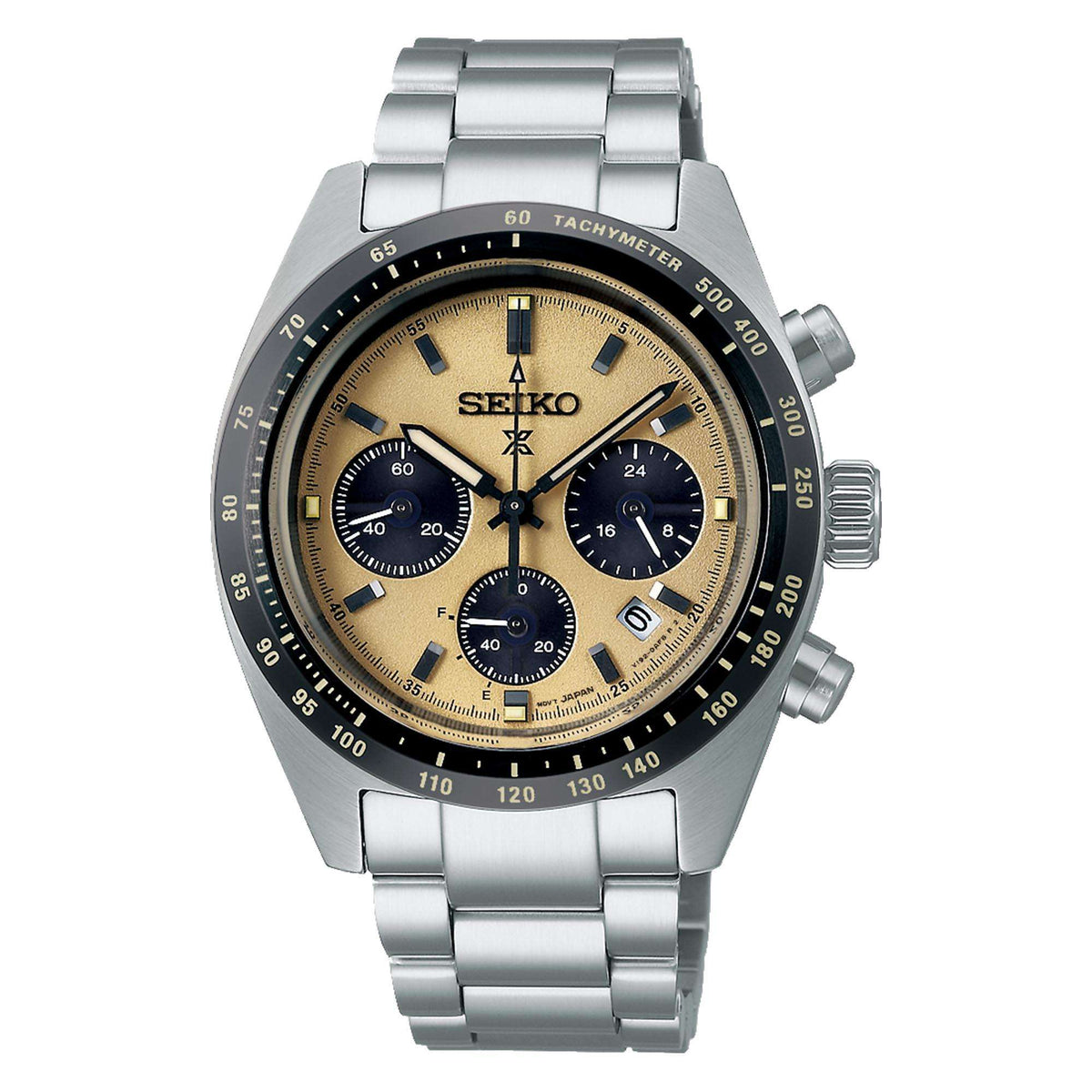 Seiko Prospex chronograph watch front view, gold dial, steel bracelet, tachymeter bezel