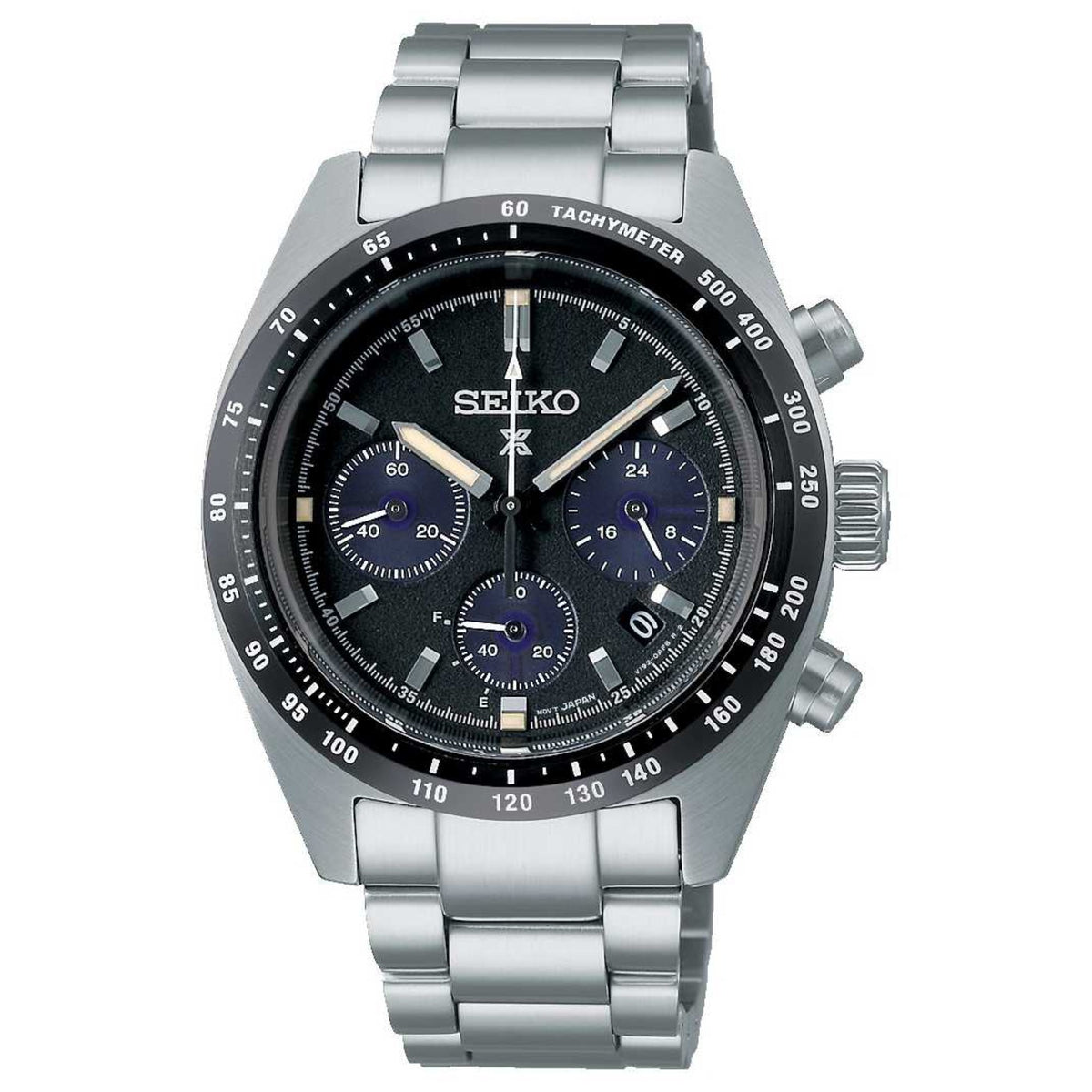 Men's steel chronograph watch with black dial, tachymeter scale, and full bracelet