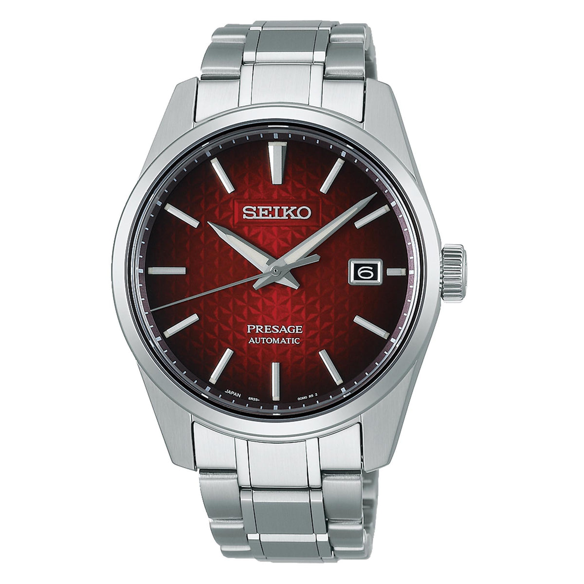 Men’s stainless steel automatic watch with red dial, faceted case, and link bracelet