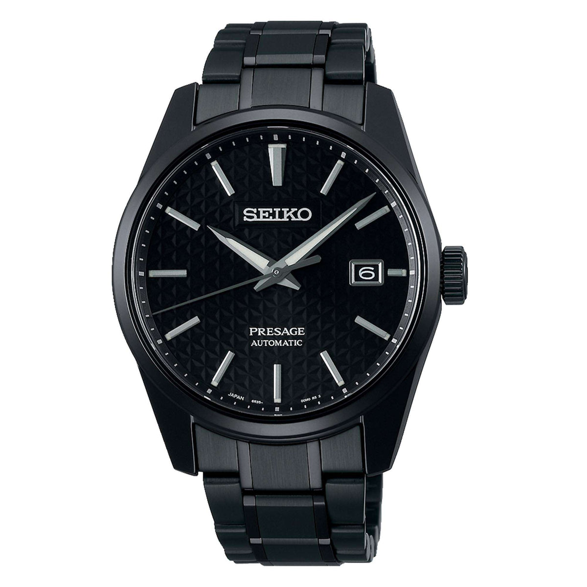 Men's automatic watch with black sunburst dial, raised hour markers, and black stainless bracelet.