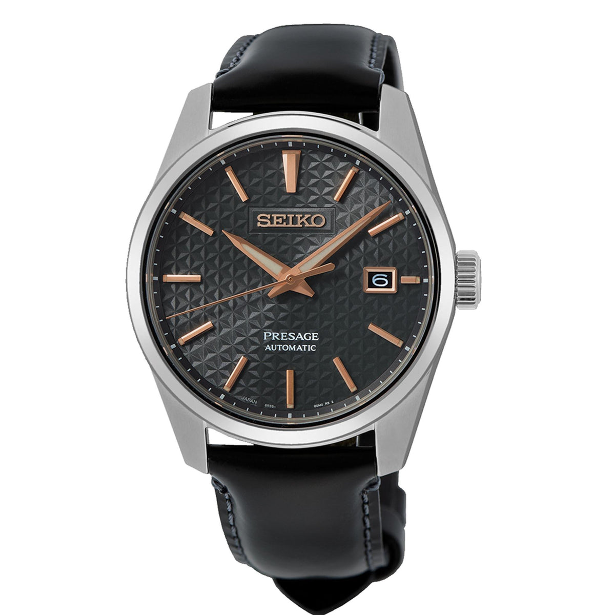 Men's automatic watch with black textured dial, rose-gold hands, and black leather strap
