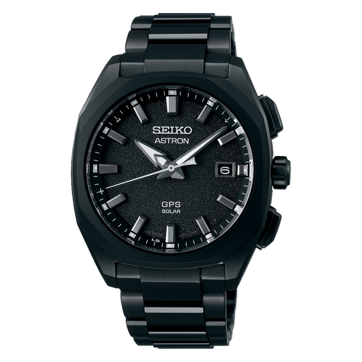 Men's Seiko black GPS solar titanium watch with textured dial and PVD bracelet