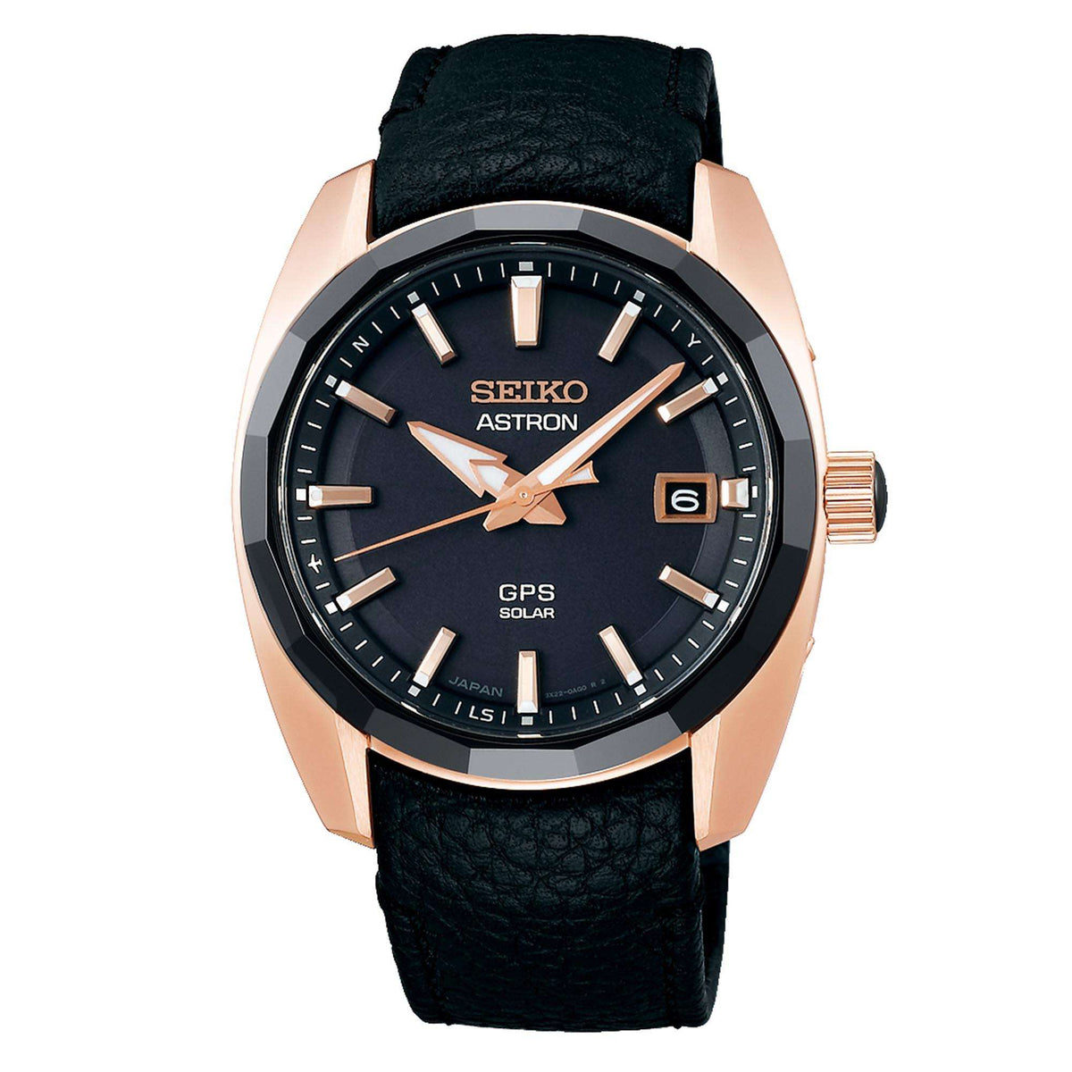 Men's GPS solar wristwatch with black dial, black leather strap, round rose gold case.
