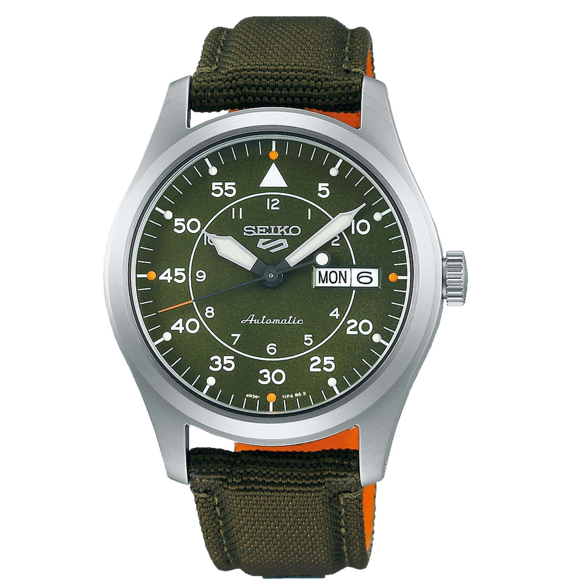Men's Seiko 5 Sports pilot watch shown front view with green dial and green nylon strap
