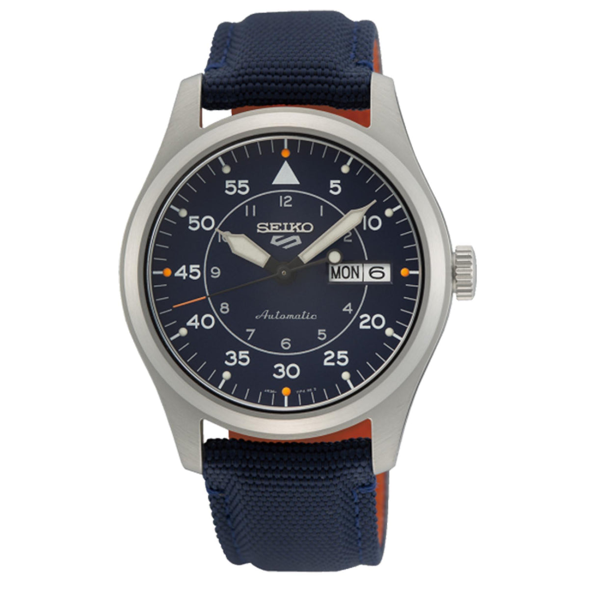 Men's pilot watch front view with blue dial and blue NATO strap, stainless steel case