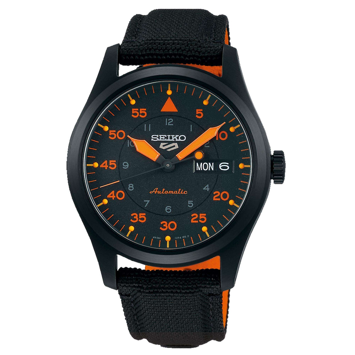 Men's automatic pilot watch with orange indices on black dial, black canvas strap