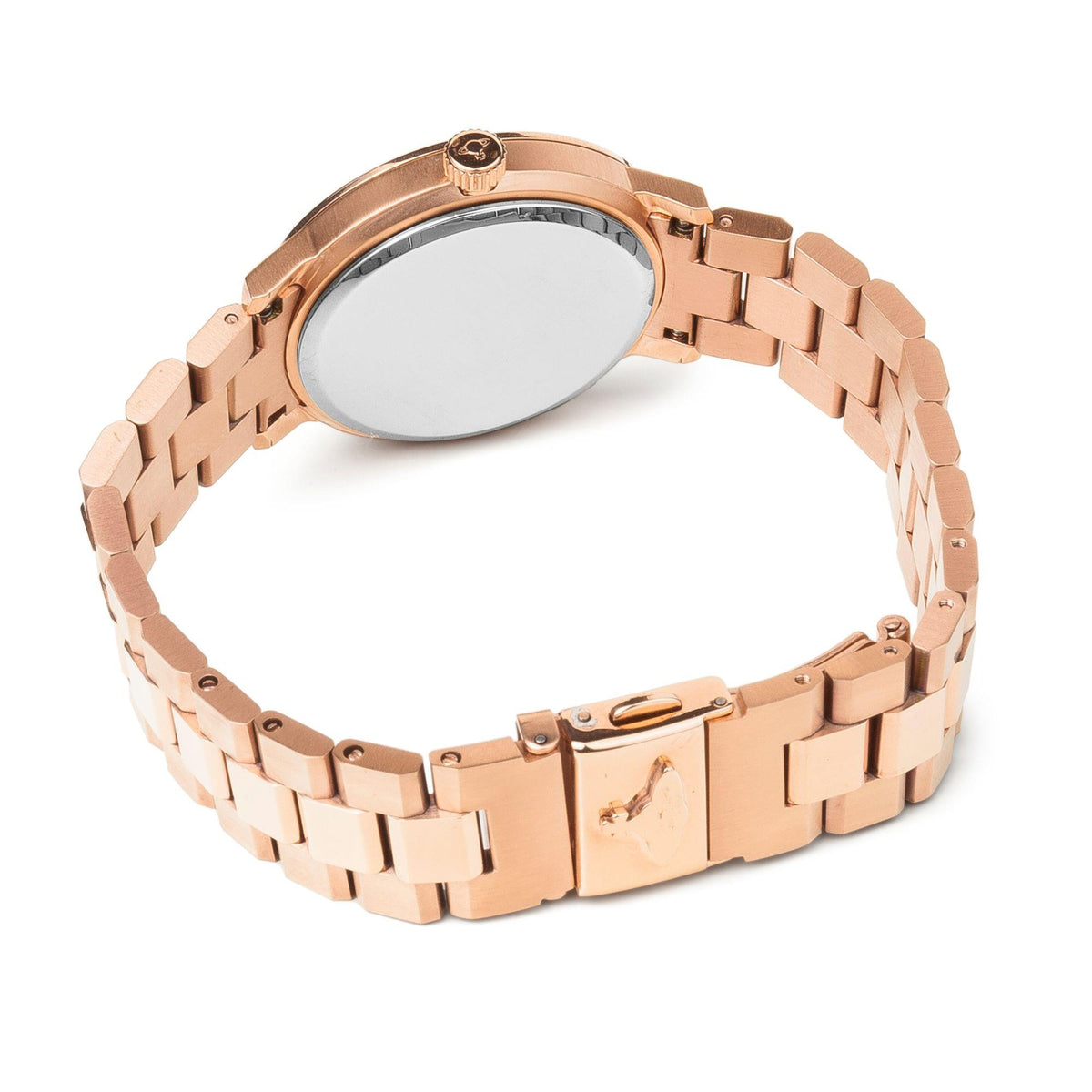Rose gold steel bracelet quartz wristwatch, reverse side view with links and crown