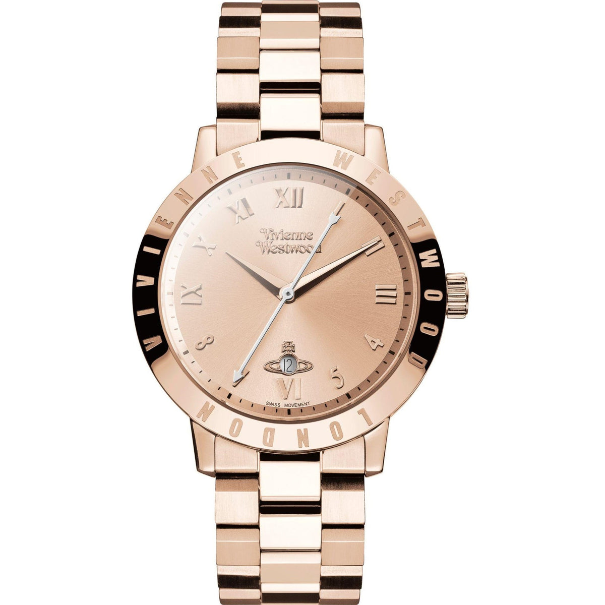 Rose gold steel quartz wristwatch with cream dial, Roman numerals, and black minute track