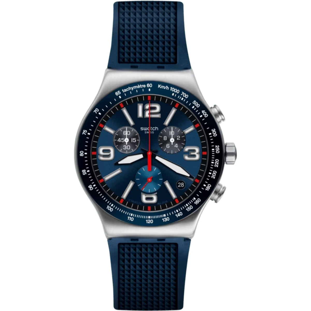 Men's blue tachymeter chronograph watch front view with blue silicone strap
