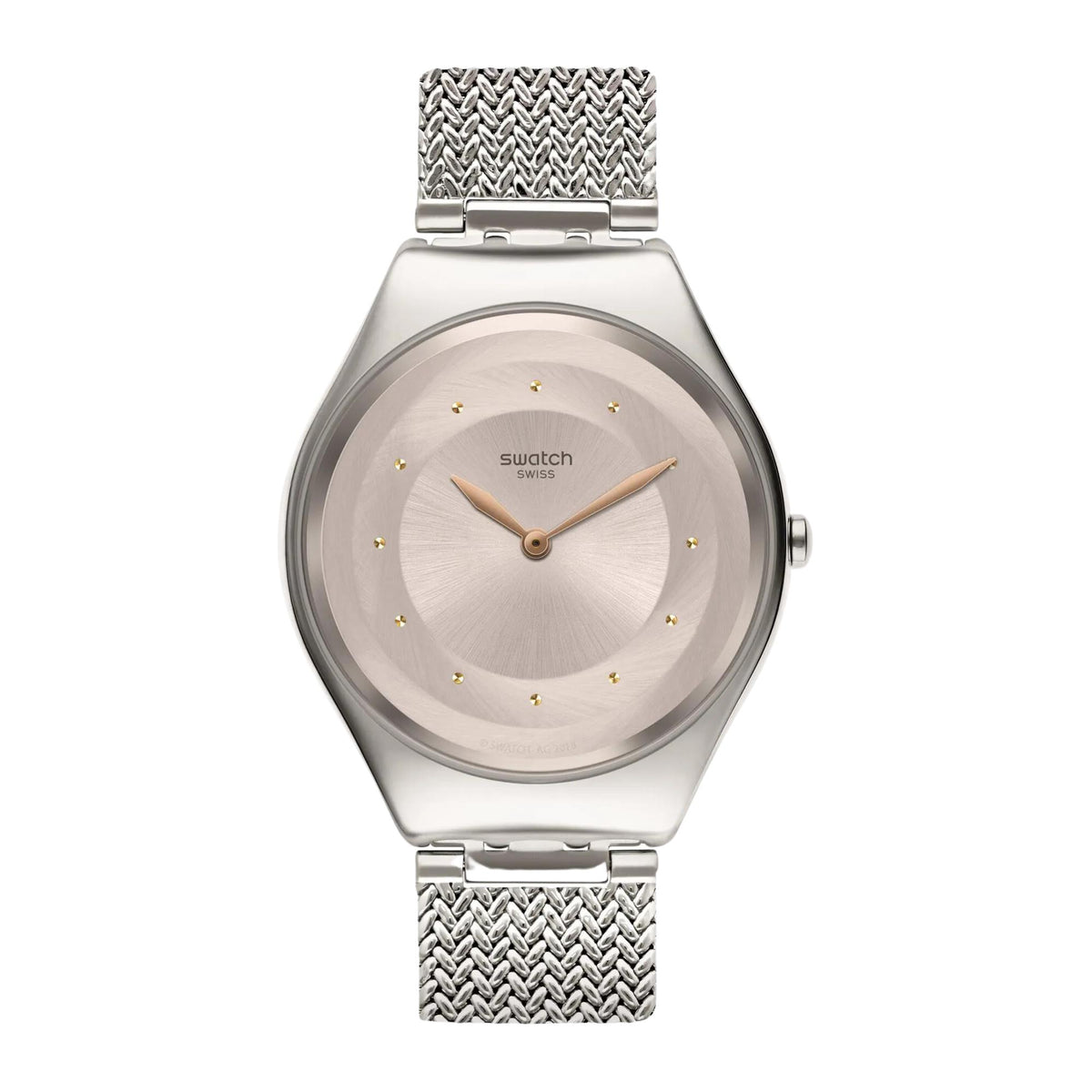 Ladies wristwatch with silver Milanese mesh bracelet, beige dial and gold hands