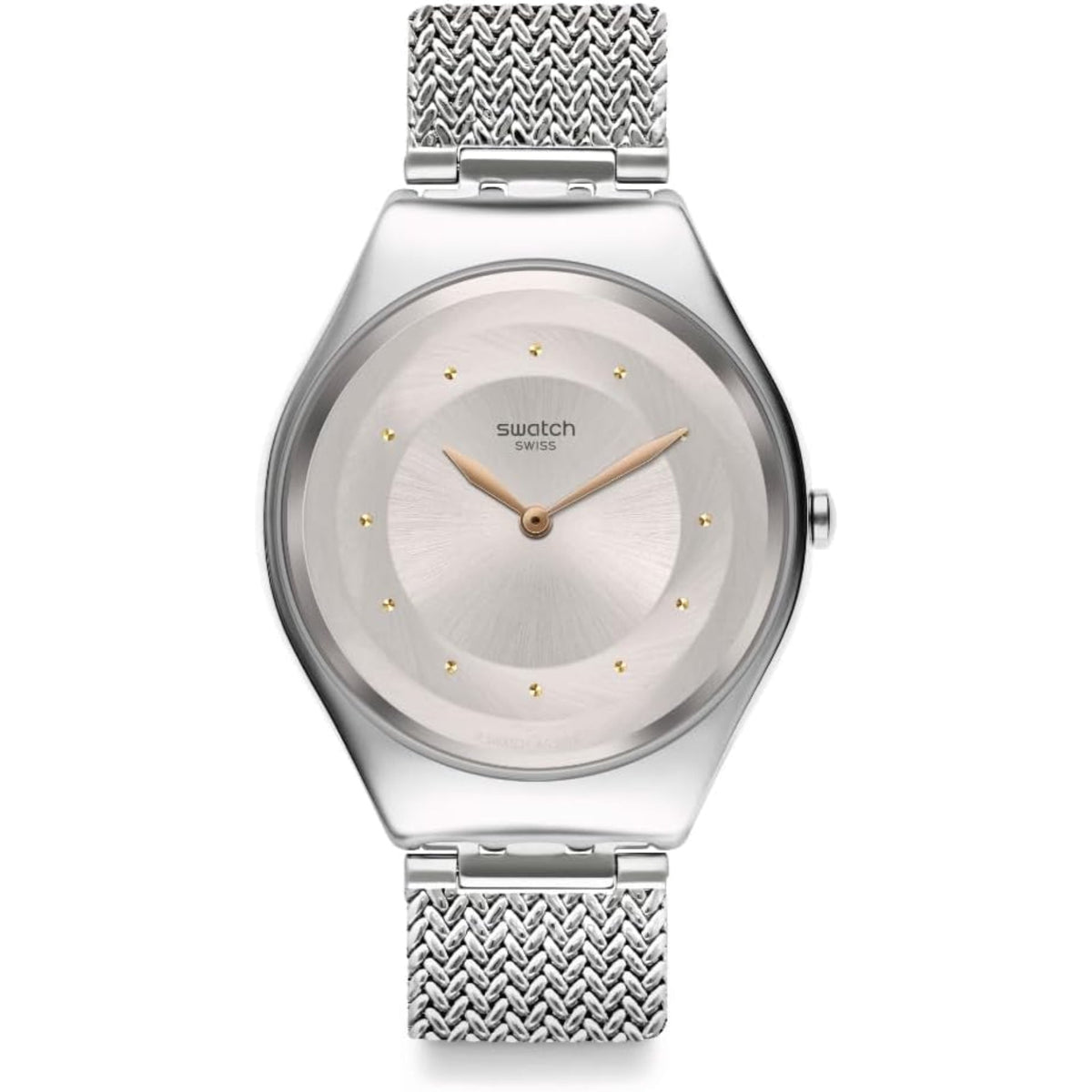 Ladies wristwatch featuring beige sunray dial, gold indices, silver Milanese mesh strap