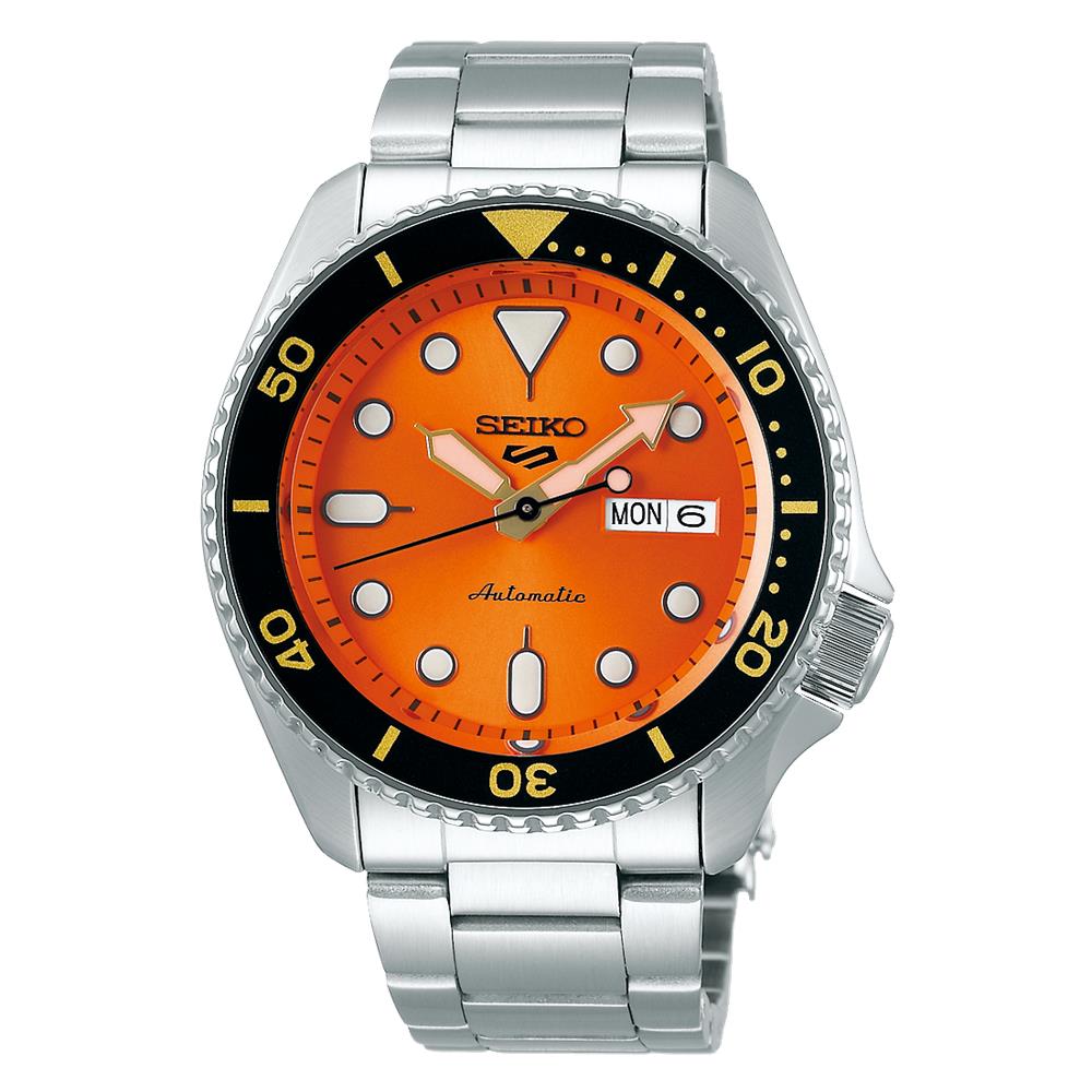 Seiko men's watch front view: orange dial, black bezel, date window at 3