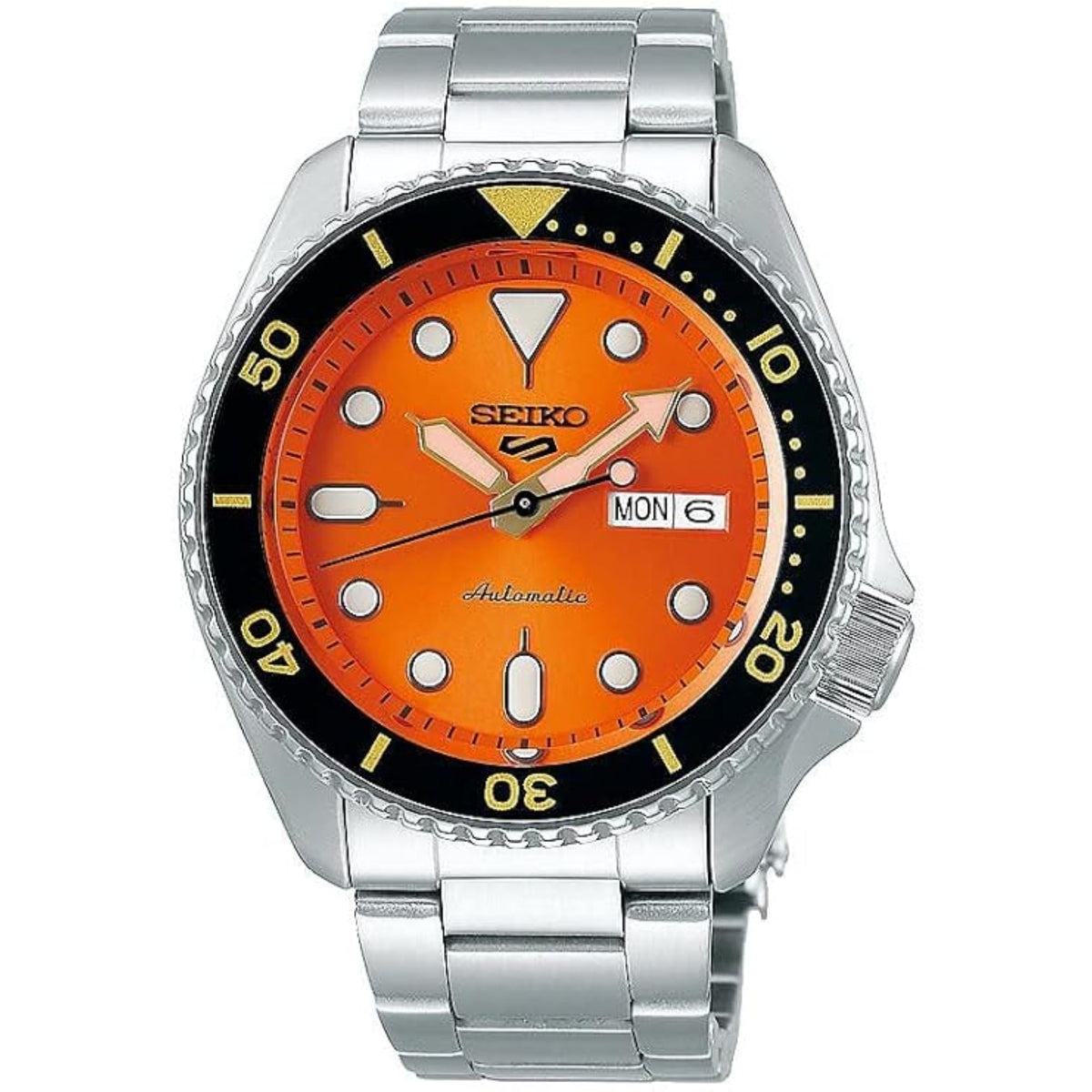 Seiko men's watch front view with orange dial, black bezel, stainless bracelet