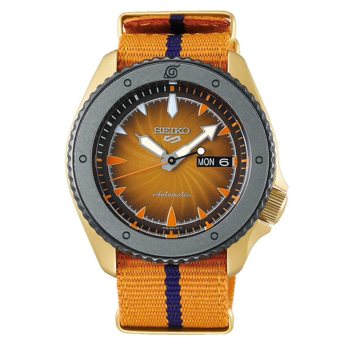 Men's automatic wristwatch with orange dial, gold-tone case, blue-striped orange nylon strap