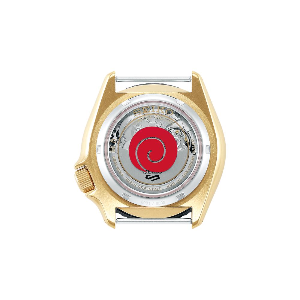 Men's automatic watch back with gold-tone case and silver backplate featuring red swirl emblem