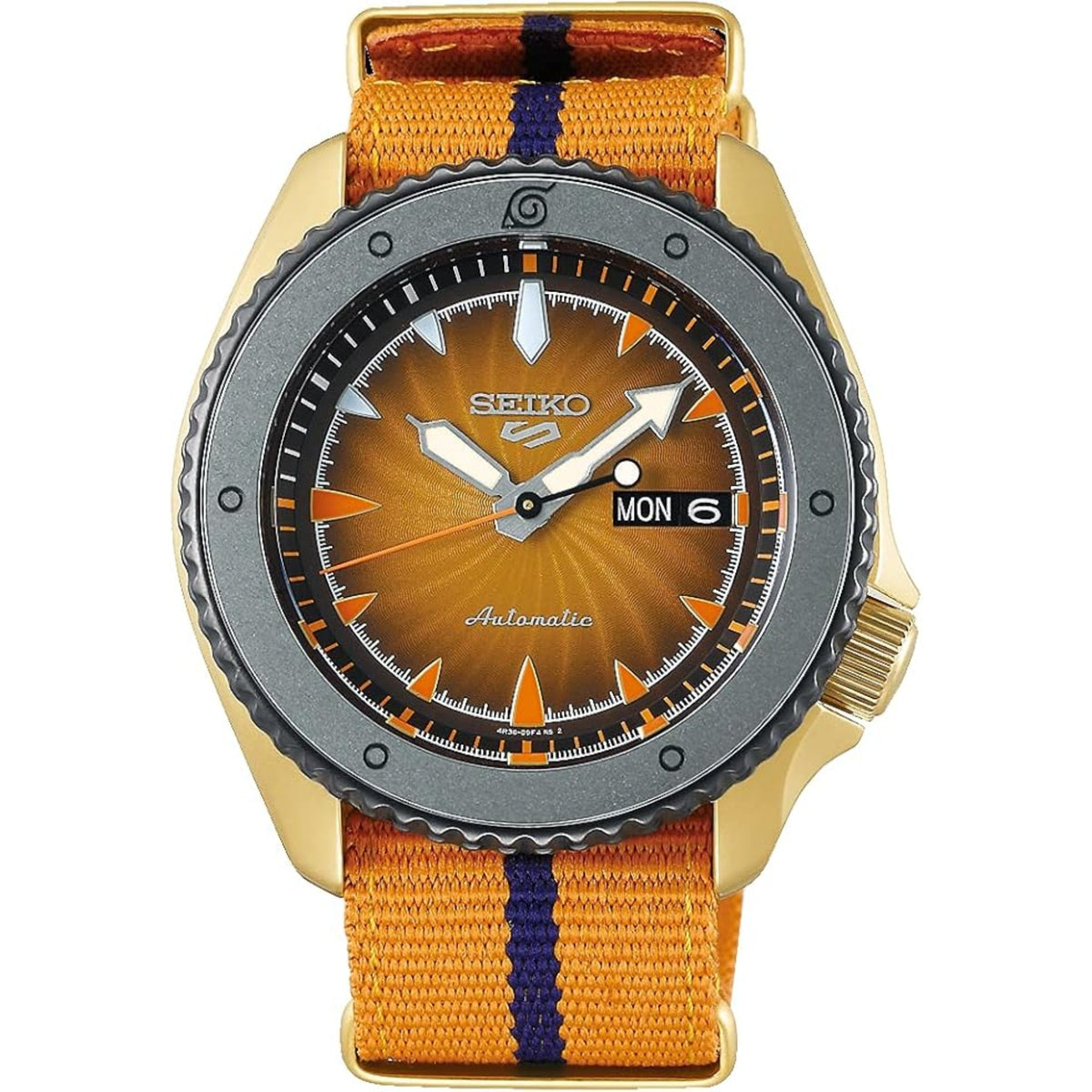 Men's automatic wristwatch with orange dial and 'MON 6' date window on orange nylon strap