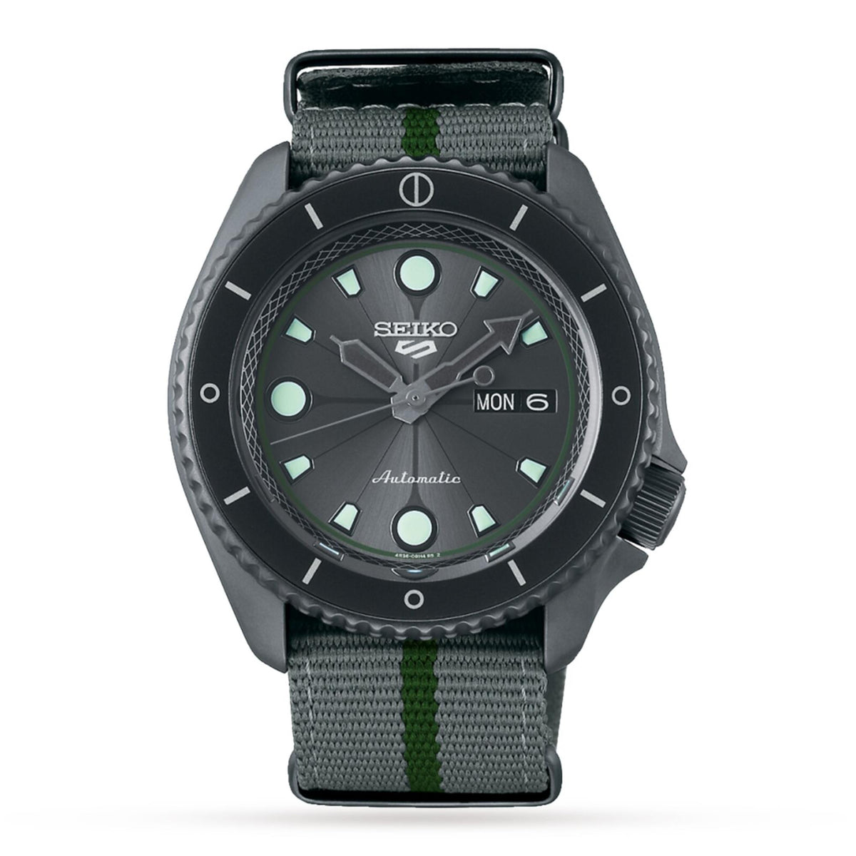 Seiko 5 Sports mens watch SRPF75K1 highlighting the grey and nylon strap design