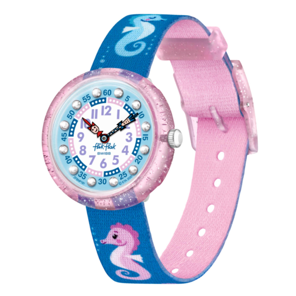Kids' wristwatch with blue strap and seahorse print; pink glitter bezel, crown detail