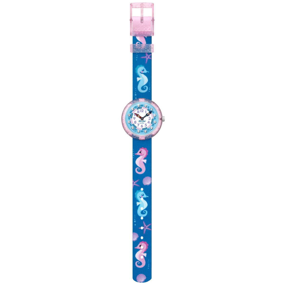 Kids' wristwatch with long blue textile strap featuring seahorse prints and pink buckle