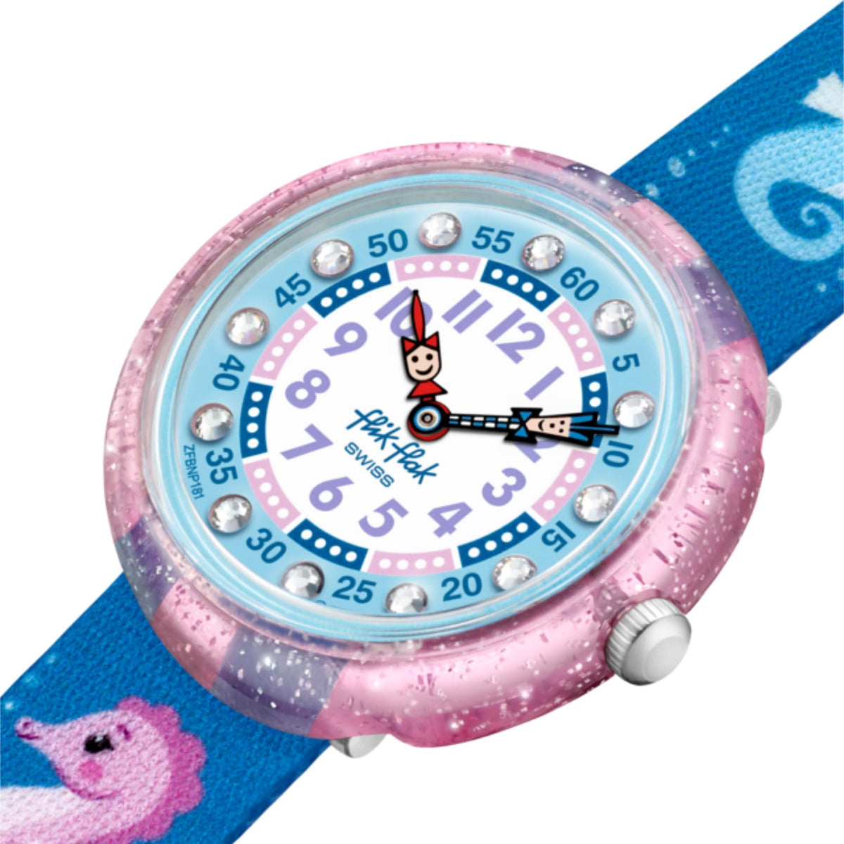 Kids' wristwatch close-up: blue dial with colorful numbers, pink glitter bezel, side crown