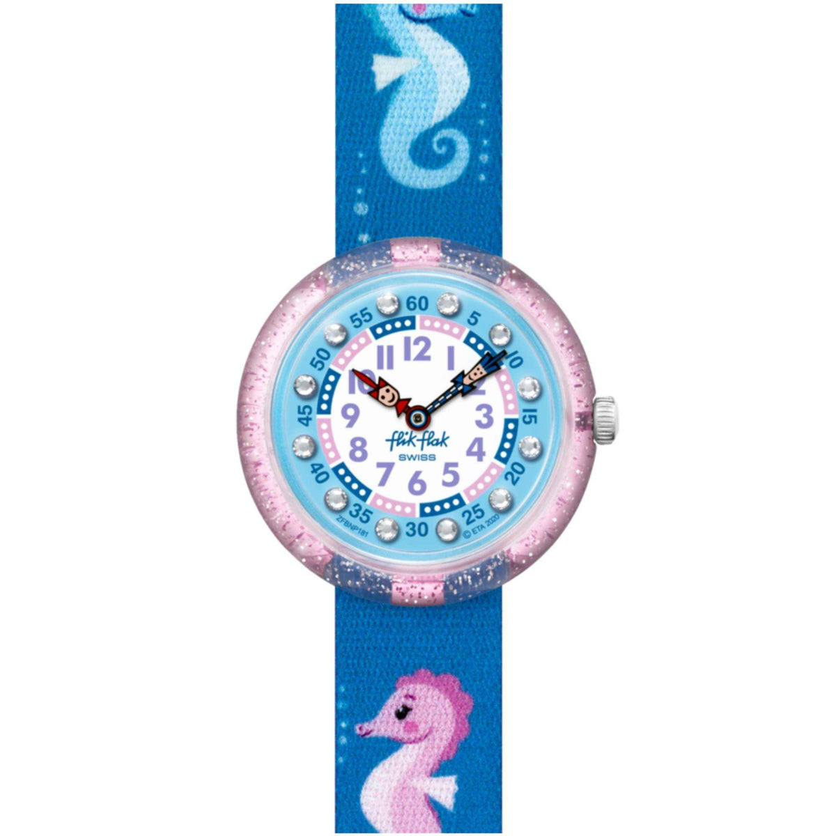 Kids' round wristwatch with blue textile strap, seahorse print, and pink glitter bezel
