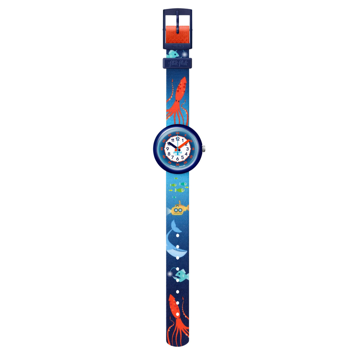 Children's wristwatch shown fully with long ocean-print fabric strap and navy case