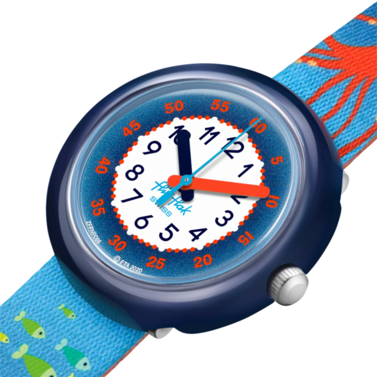 Close-up of children's wristwatch with blue dial, red markers, and navy case crown