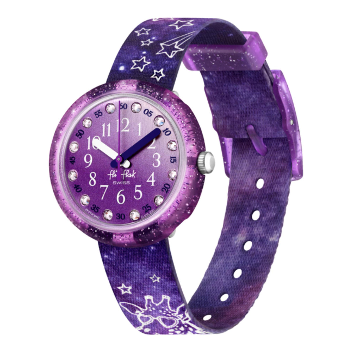 Angled view of purple kids quartz watch with star-pattern textile strap and round purple dial.