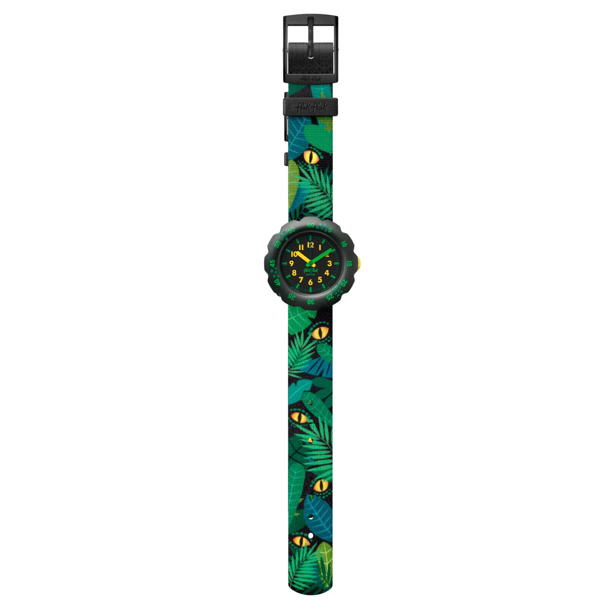 Long-strap wristwatch hanging view with green tropical leaf pattern and small black dial