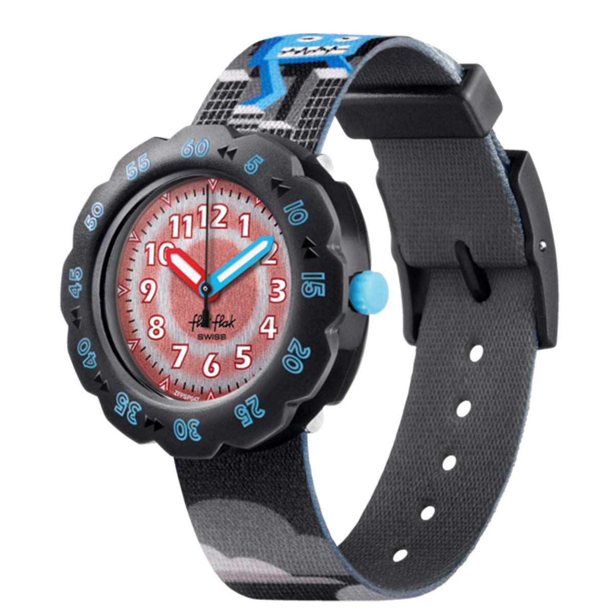 Childrens blue-dial watch with black spiked bezel and fabric strap with light-gray dots
