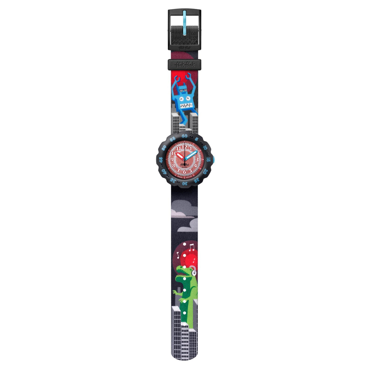 Childrens watch with blue dial and graphic textile strap, shown side-on