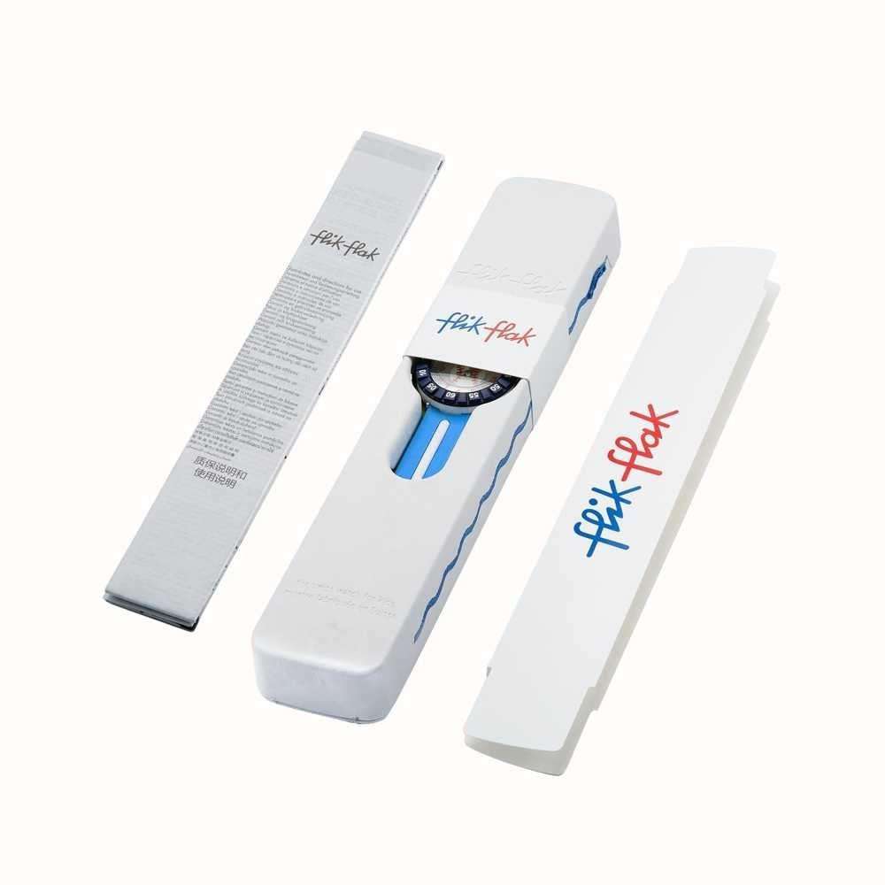Children's quartz watch in white packaging, red textile strap and blue two-tone dial