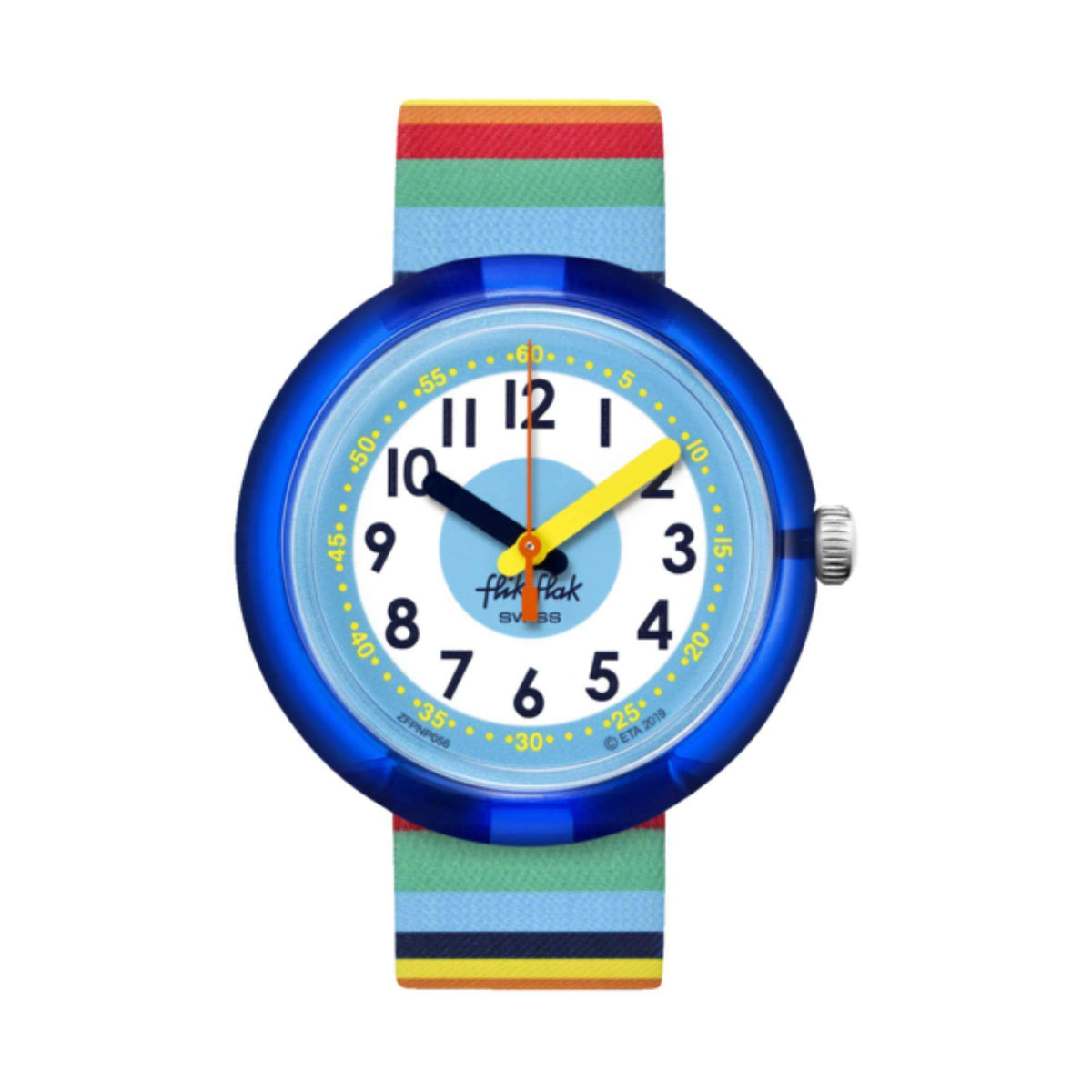 Kids' textile-strap watch featuring round blue case, light blue dial, striped multi-color band