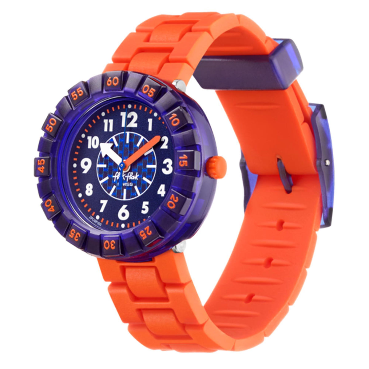 Children's wristwatch side view: orange silicone strap with dark blue round dial