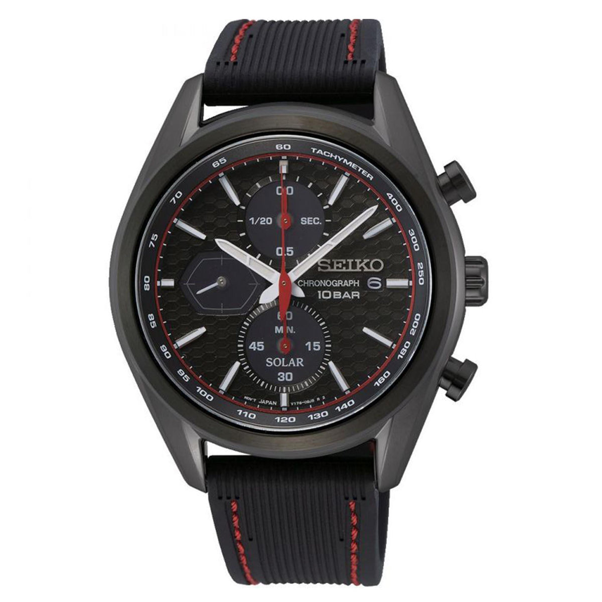 Black dial chronograph watch featuring tachymeter bezel, three hands, and subdial at 10