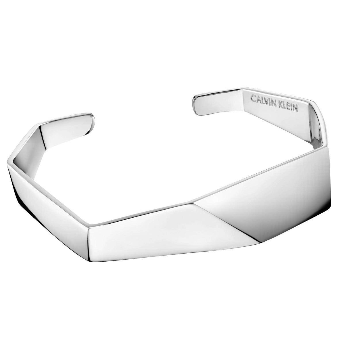 Calvin Klein stainless steel origami bangle, engraved logo panel, polished edges