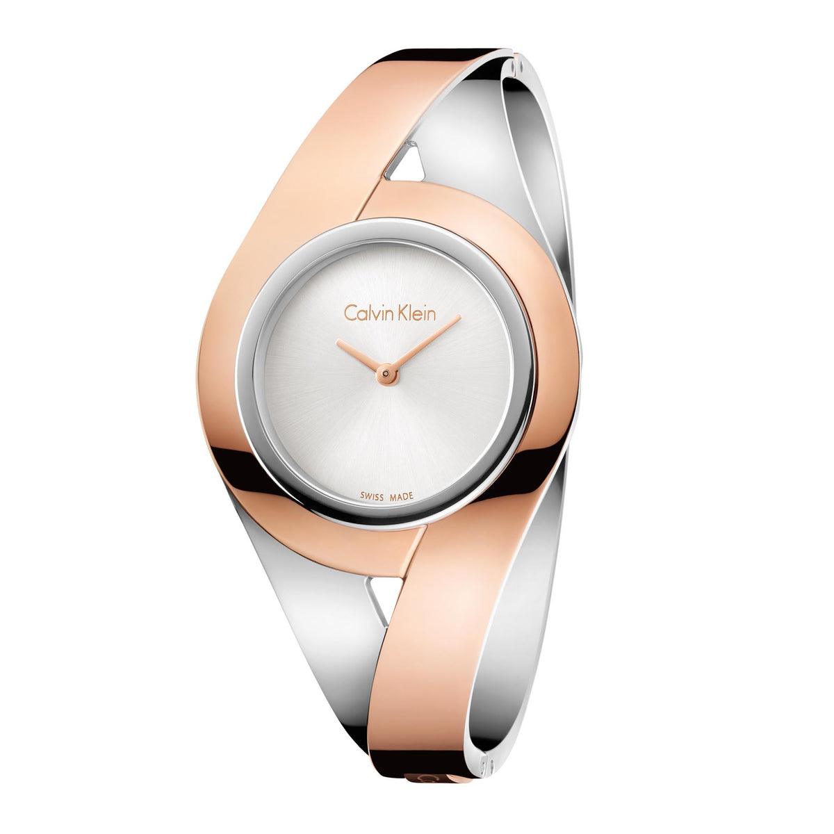 Calvin Klein two-tone stainless steel ladies watch with silver dial and bicolor bracelet