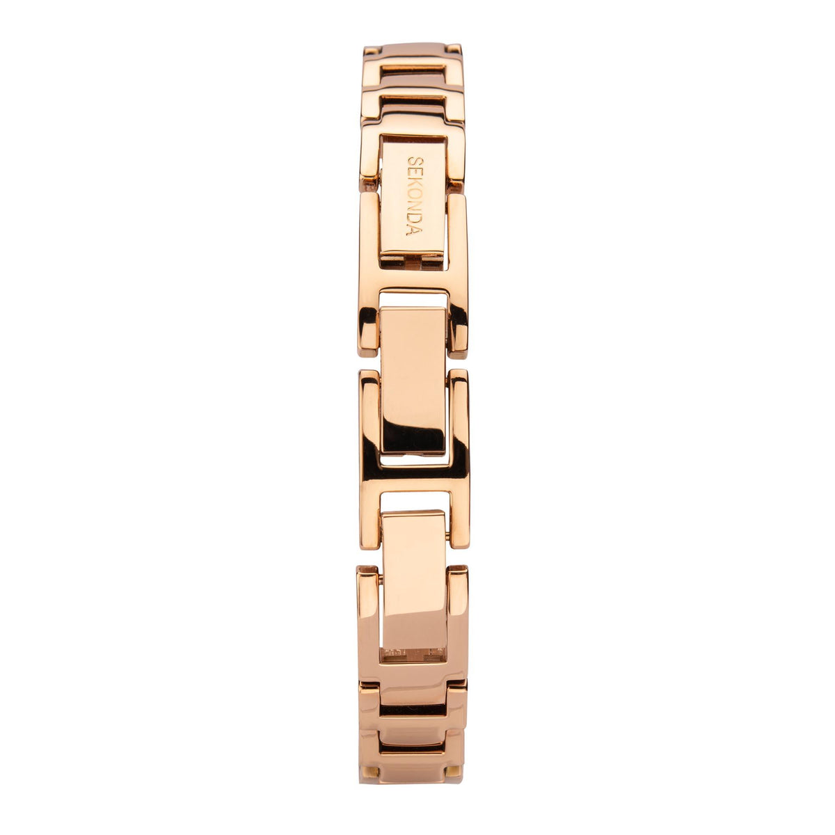 Rose gold watch bracelet side view with rectangular links and clasp detail