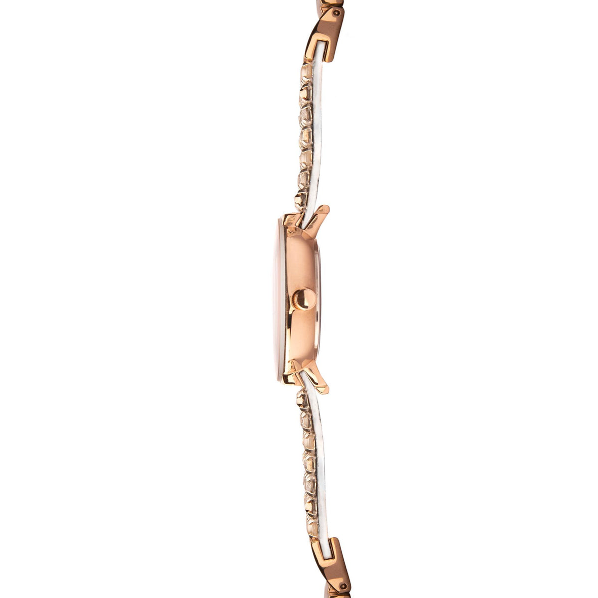 Rose gold watch bracelet side view with adjustable clasp and textured link pattern
