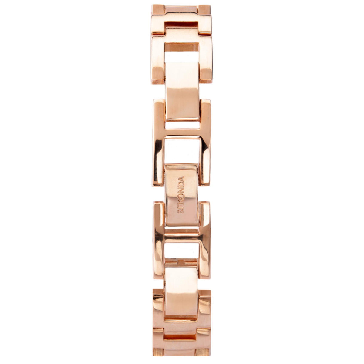 Rose gold-tone bracelet watch close-up of metal links and inner caseback panel