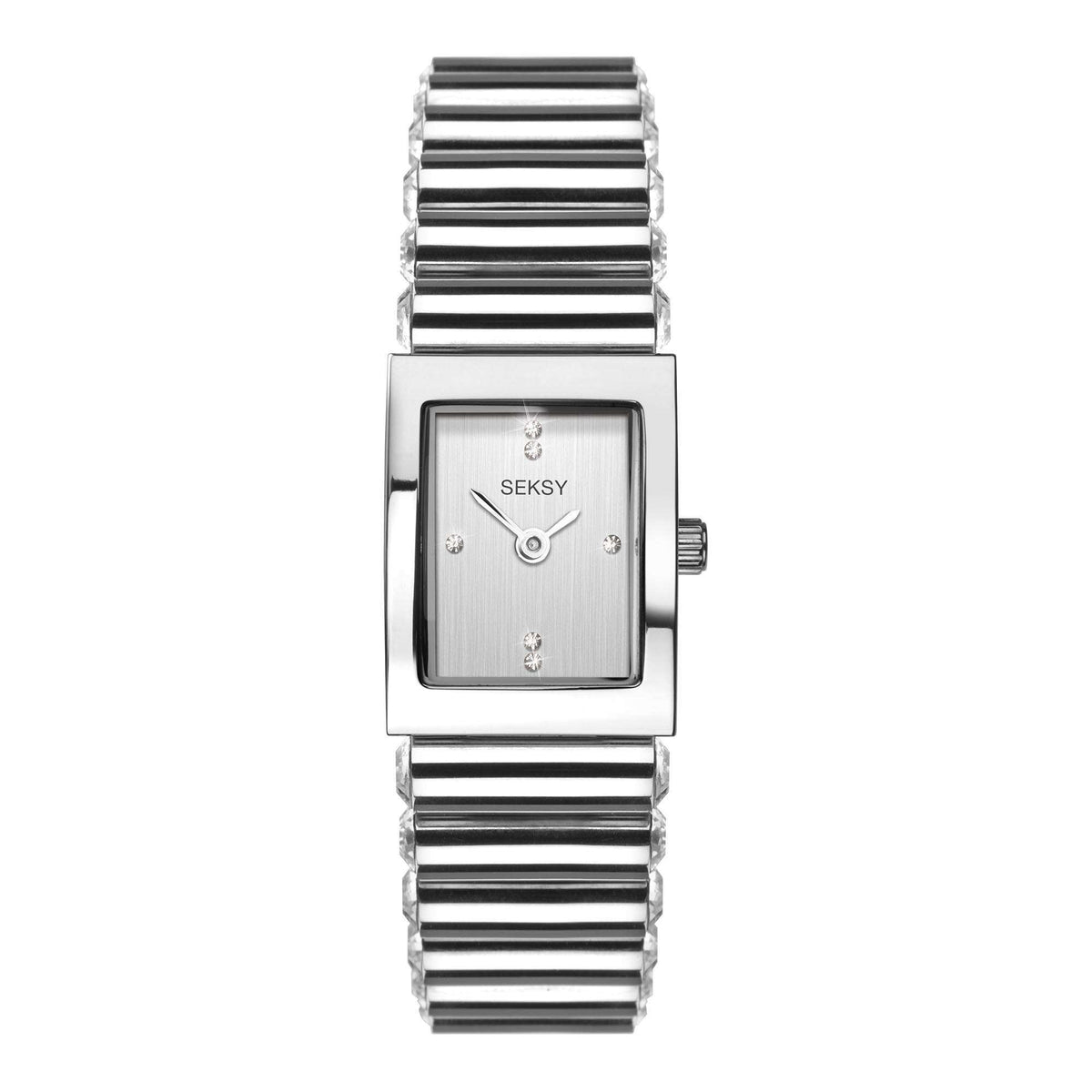 Stainless steel quartz wristwatch with square silver dial, gemstone markers, metal bracelet band