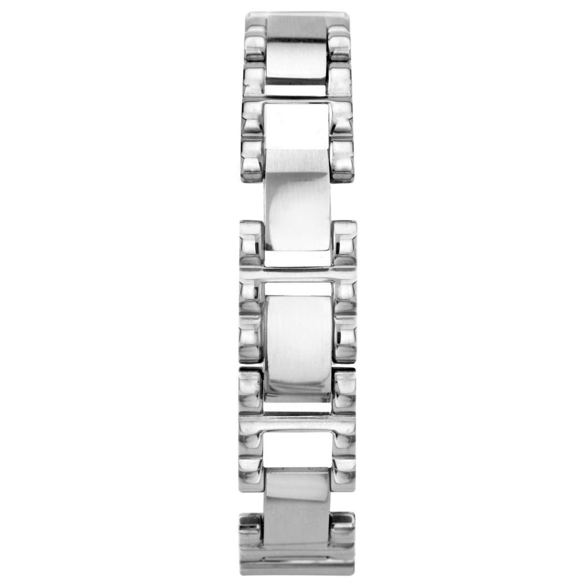 Close-up of silver stainless steel watch bracelet links with smooth rectangular sections