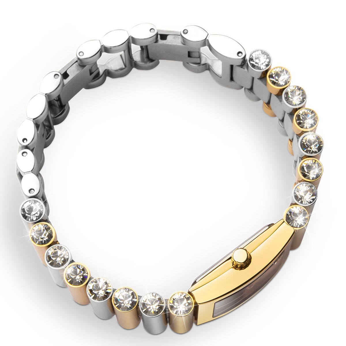 Curved two-tone watch bracelet with gold center bar and round crystal-like stones