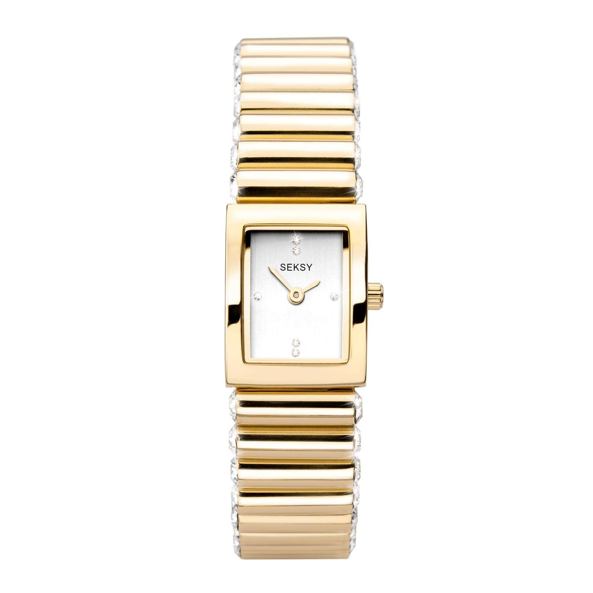Gold quartz ladies watch with white rectangular dial, crystal hour markers, metal bracelet