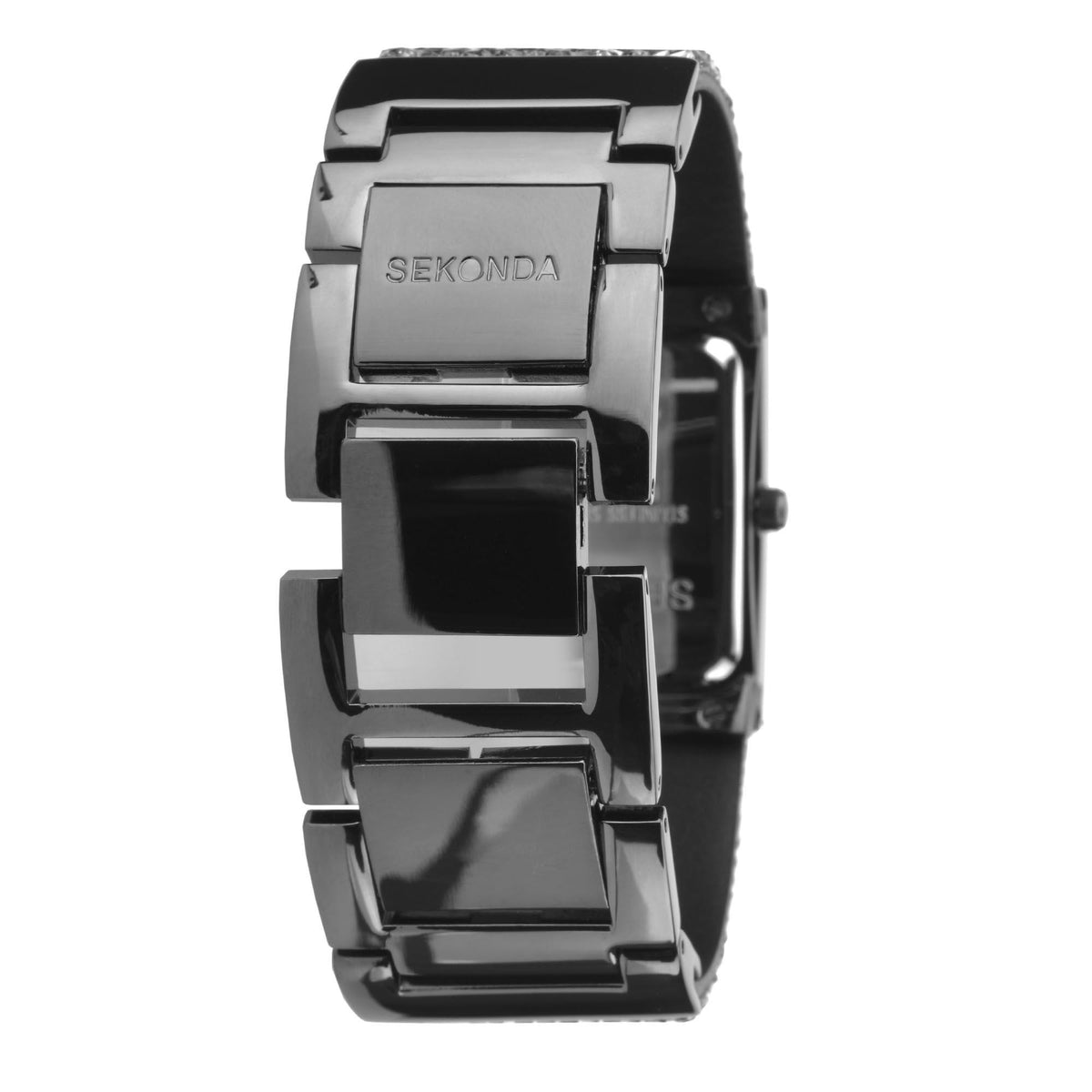 Quartz ladies watch side view with shiny metal case and textured black-silver bracelet