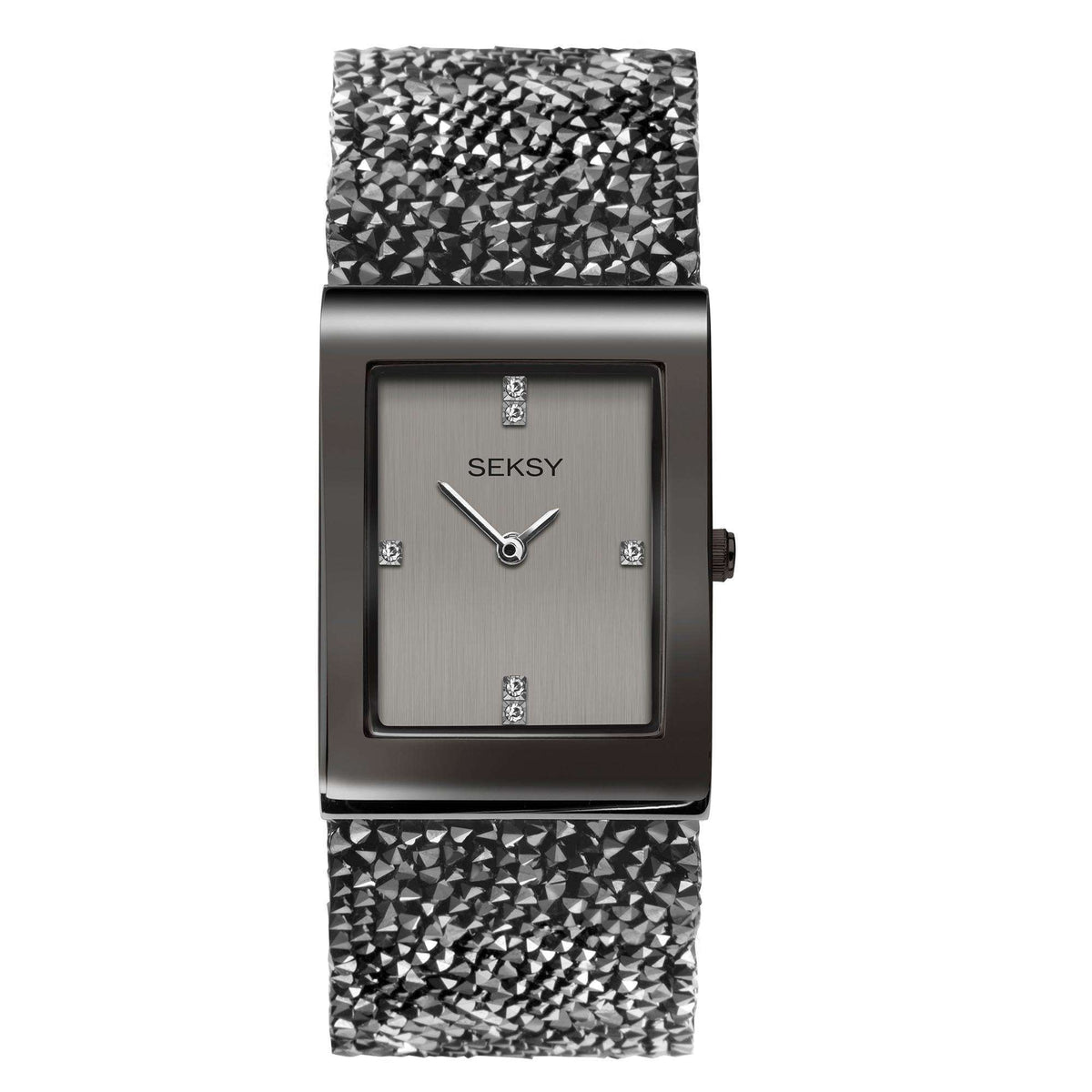 Quartz ladies rectangular watch front view with analog hands and textured black-silver strap